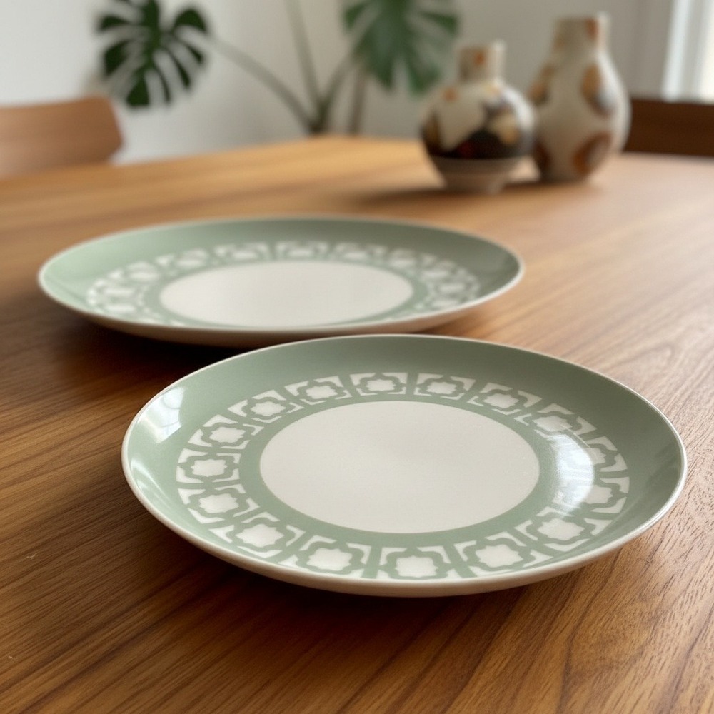 Harkerware Persian Key Sage Green Dinner Plates, Set of 2, Vintage Ironstone